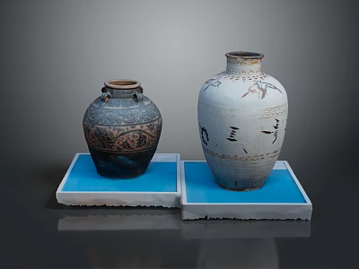 Two Dark And White Ceramic Sculptures With Intricate Patterns On Blue Platforms 3d model