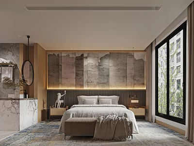 Modern Hotel Guest Room with Textured Wall King Bed Large Windows Marble Dresser Patterned Carpet 3d model