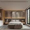 Modern Hotel Guest Room with Textured Wall King Bed Large Windows Marble Dresser Patterned Carpet