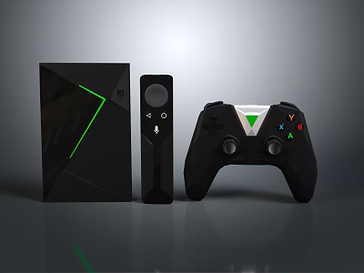 Black Gaming Console With Green Accents Remote Control And Game Controller With Colorful Buttons 3d model