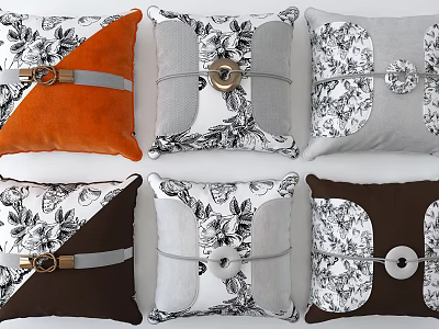 Stylish Decorative Throw Pillows With Floral Patterns And Colorful Button Designs 3d model