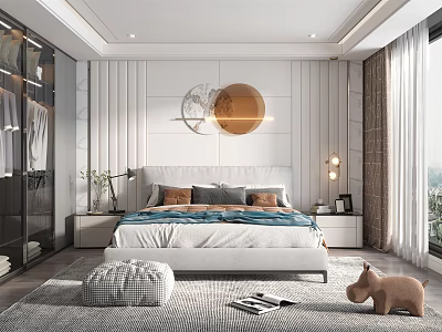 Modern Bedroom Interior Design With Glass Wardrobe Round Wall Decor And Bedside Lamp 3d model