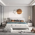Modern Bedroom Interior Design With Glass Wardrobe Round Wall Decor And Bedside Lamp