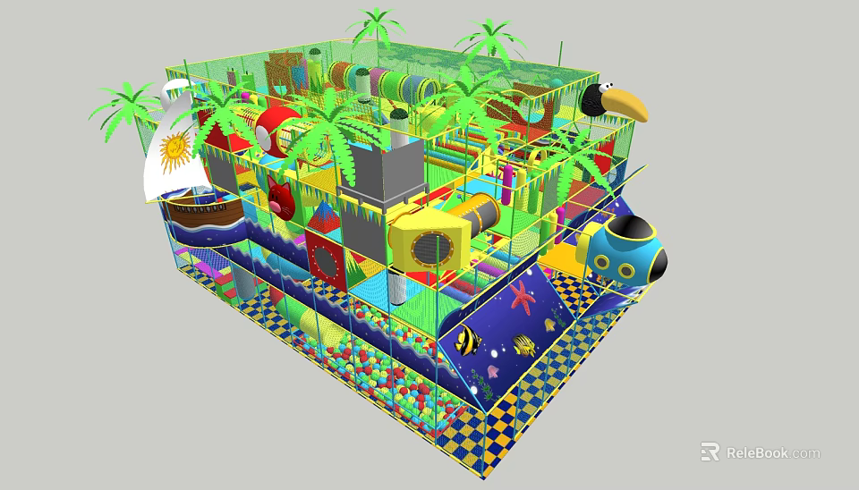 Indoor Kids Playground With Colorful Slides Ball Pit And Palm Tree Decorations 3d model