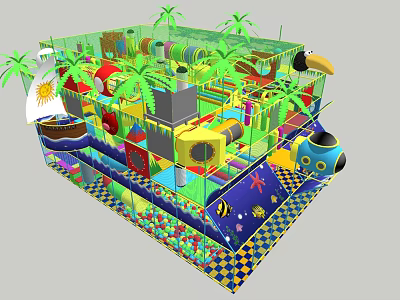 Indoor Kids Playground With Colorful Slides Ball Pit And Palm Tree Decorations 3d model