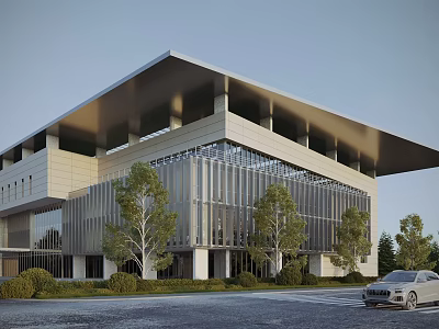 Modern Office Building With Glass Curtain Wall Overhanging Roof And Surrounding Trees 3d model