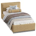 Cozy Modern Kids Bed With Upholstered Headboard Soft Pillows And Layered Quilts Warm Blankets