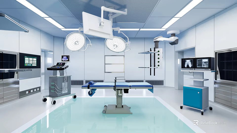 Modern Operating Room Interior With Surgical Lights Surgery Table And Medical Monitors 3d model 