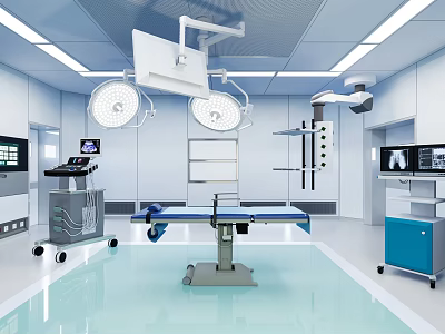Modern Operating Room Interior With Surgical Lights Surgery Table And Medical Monitors 3d model