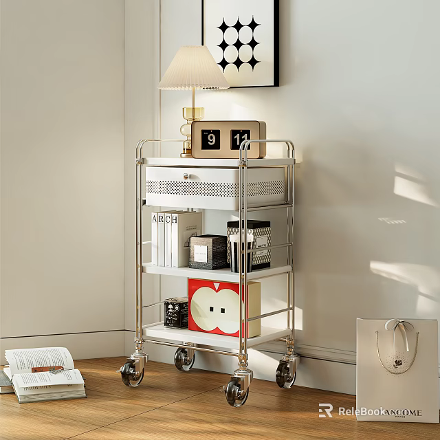 Multi tier Metal Wheeled Storage Cart with Lamp Clock Storage Boxes and Apple Box in Room 3d model 