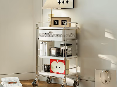 Multi tier Metal Wheeled Storage Cart with Lamp Clock Storage Boxes and Apple Box in Room 3d model