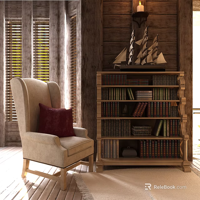 Wooden Bookcase With Books Sailboat Model Beige Armchair Red Cushion Wooden Walls And Window Blinds 3d model 
