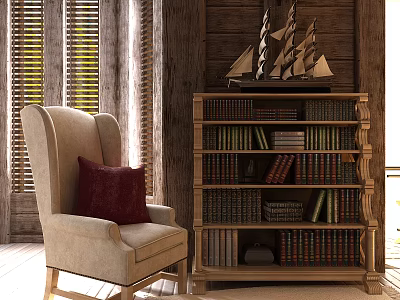 Wooden Bookcase With Books Sailboat Model Beige Armchair Red Cushion Wooden Walls And Window Blinds 3d model