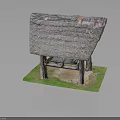 Traditional Thatched Roof Hut With Wooden Pillars On Grass And Sand Base