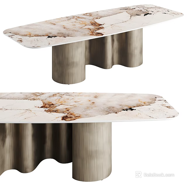 Modern Dining Table With White And Brown Marble Top And Sculptural Metal Legs 3d model 
