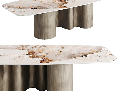 Modern Dining Table With White And Brown Marble Top And Sculptural Metal Legs 3d model