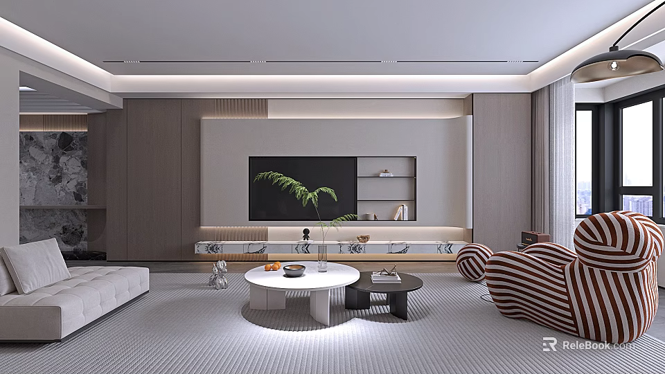 Elegant Modern Living And Dining Room Interior Design With Cozy Soft Furnishings And Warm Lighting 3d model 