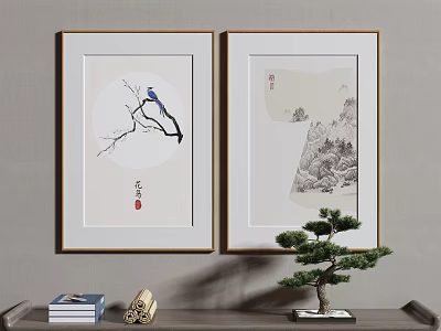 Chinese Style Wall Decor With Bird Tree Branch Landscape Paintings And Potted Pine On Shelf 3d model