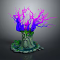 Mystical Tree Face Game Character With Glowing Purple Blue Branches Green Moss And Stone Base