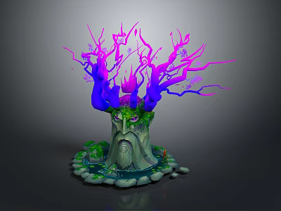 Mystical Tree Face Game Character With Glowing Purple Blue Branches Green Moss And Stone Base 3d model