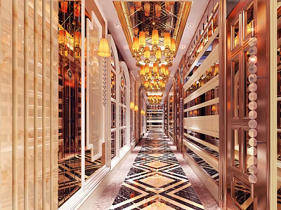 Glamorous KTV Corridor Design With Chandeliers Mirrored Walls Golden Decorations And Marble Floor 3d model
