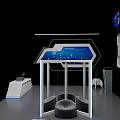 5G Tech Exhibition Booth With Hexagonal Design White Frame Gray Seats And Digital Data Wall 3d model