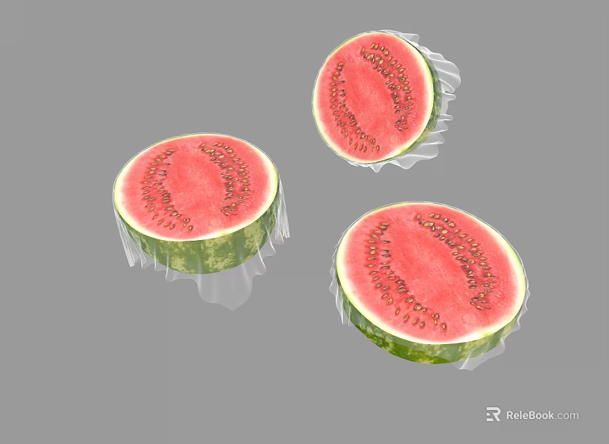 Fresh Watermelon Slices with Transparent Wrapping Red Flesh and Black Seeds 3d model 