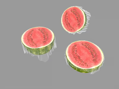Fresh Watermelon Slices with Transparent Wrapping Red Flesh and Black Seeds 3d model