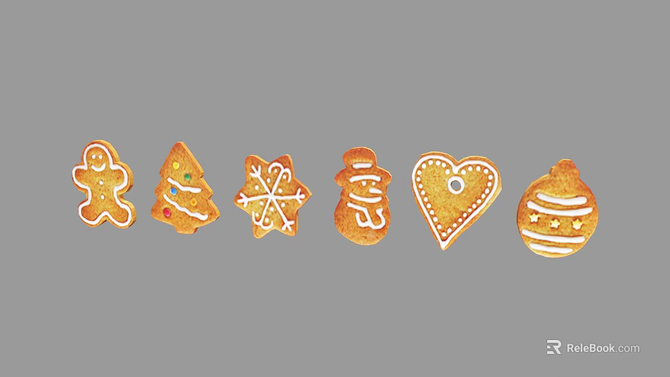 Festive Christmas Gingerbread Cookies With Man Tree Snowflake Snowman Heart And Ornament Shapes 3d model 