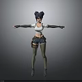 Woman With Double Buns White Crop Top Dark Shorts Green Socks Tool Belt Arms Outstretched