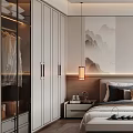 Modern Minimalist Bedroom Interior With Bedside Landscape Painting Round Mirror And Area Rug