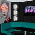 KTV Room Interior Design With Black Marble Flooring Teal Curved Bar Seats And Screens