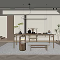Modern Tea Room Interior With Wooden Tea Table And Ceramic Tea Set 3d model