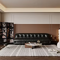 Stylish Living Room With Black Leather Sofa White Armchair Screen Coffee Table And Rug