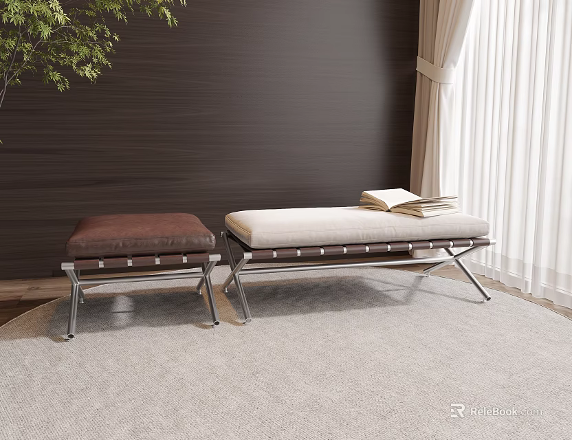 Modern Indoor Stools With Brown Beige Upholstered Seats Metal Frame Carpeted Floor 3d model 