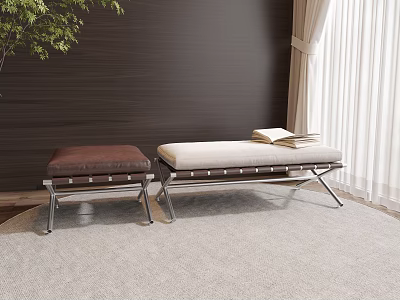 Modern Indoor Stools With Brown Beige Upholstered Seats Metal Frame Carpeted Floor 3d model
