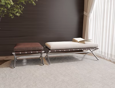 Modern Indoor Stools With Brown Beige Upholstered Seats Metal Frame Carpeted Floor 3d model