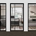 Modern Interior Sliding Doors With Three Different Glass Designs And Black Frames 3d model