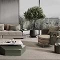 Elegant Modern Living Room Interior With Wooden Wall Gray Sofa Green Plant And Large Windows
