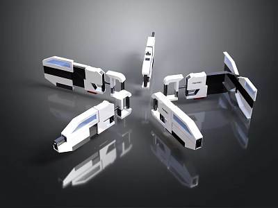 Modular Spacecraft Components In Radial Arrangement With White Black Design And Blue Lines 3d model