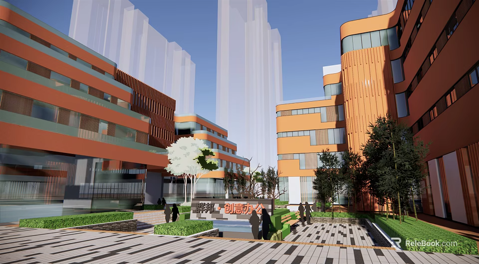 Modern Orange Office Building With Glass Elements And Landscaped Plaza Entrance Area 3d model 