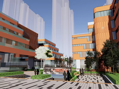 Modern Orange Office Building With Glass Elements And Landscaped Plaza Entrance Area 3d model
