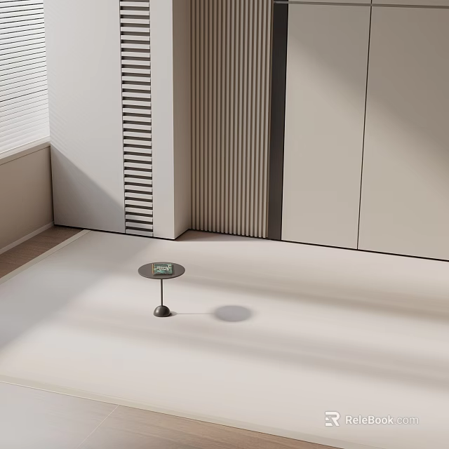 Modern Round Side Table On White Floor With Striped Wall And White Cabinets 3d model