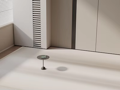 Modern Round Side Table On White Floor With Striped Wall And White Cabinets 3d model