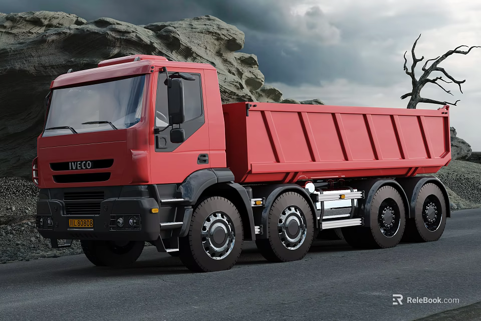 Red IVECO Heavy Duty Dump Truck in Rocky Terrain With Cloudy Sky 3d model 