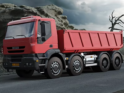 Red IVECO Heavy Duty Dump Truck in Rocky Terrain With Cloudy Sky 3d model