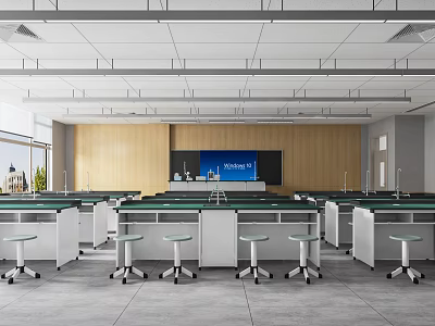 Modern Spacious Laboratory Interior Featuring Green Countertops White Cabinets Stools And Wooden Wall Panels 3d model