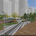 Urban Park Landscape With Colorful Children's Playground Striped Pavement And Trees Against Modern Buildings Background