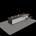 Modern Bar Counter With Wooden And Black Top Drawers Chairs Vase And Fruits