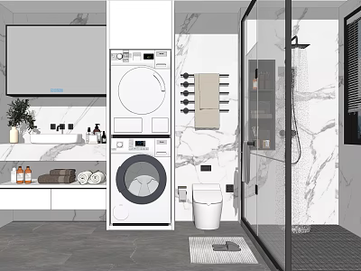 Modern Bathroom Interior Design With Vanity Washing Machine Toilet Shower And Marble Walls 3d model